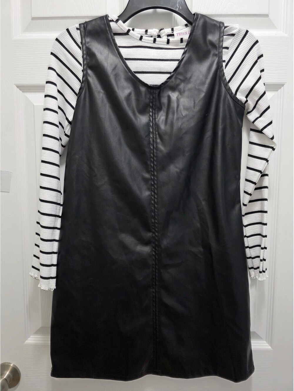 Tween Diva Girls' Black Faux Leather Sleeveless Dress with Striped Long Sleeve T